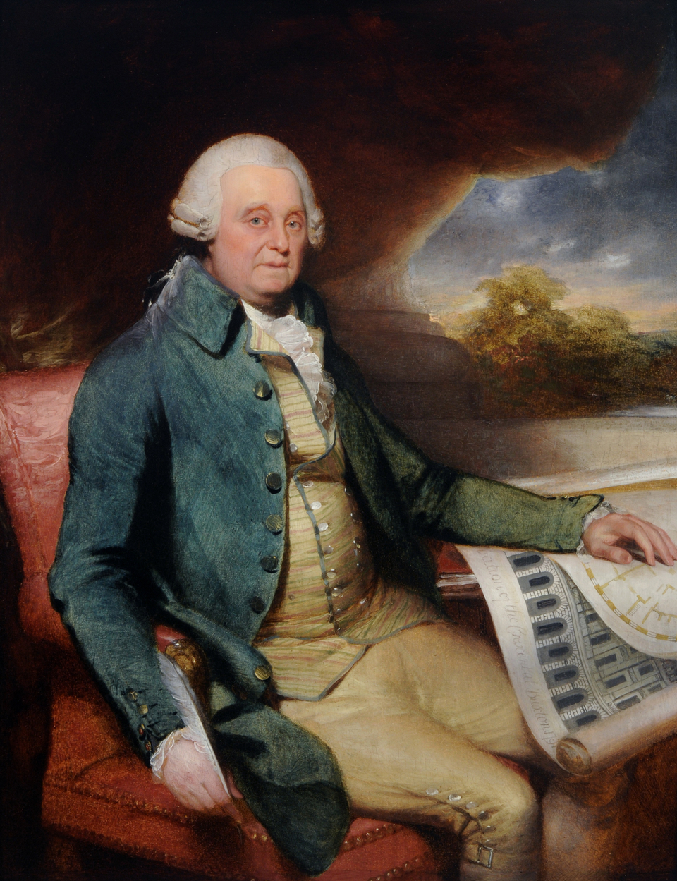 A man with white hair in 18th-century clothing sits in a red chair, holding architectural plans on a table, with a landscape and dramatic sky in the background.